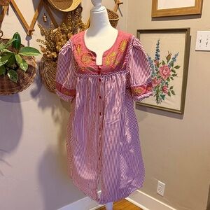 Pink and White Striped Women’s Dress Nightgown with Embroidered Details
